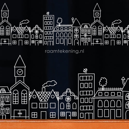 Huisjes met kerk raamtekening