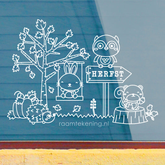 Herfst bosdiertjes raamtekening