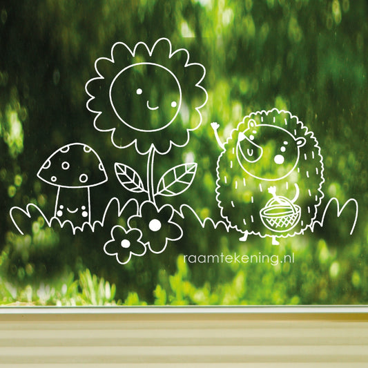 Bloem en egeltje raamtekening