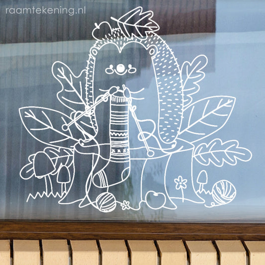 Breiend herfst egeltje raamtekening