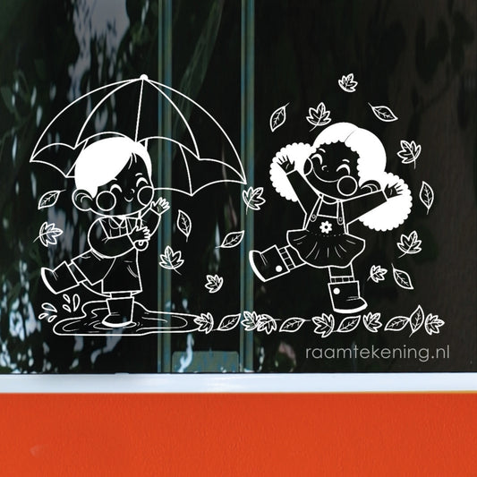 Herfst kinderen raamtekening