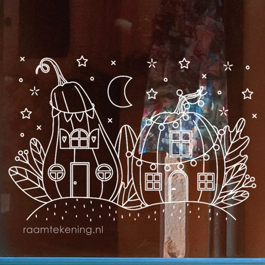 Herfst pompoen huisjes raamtekening