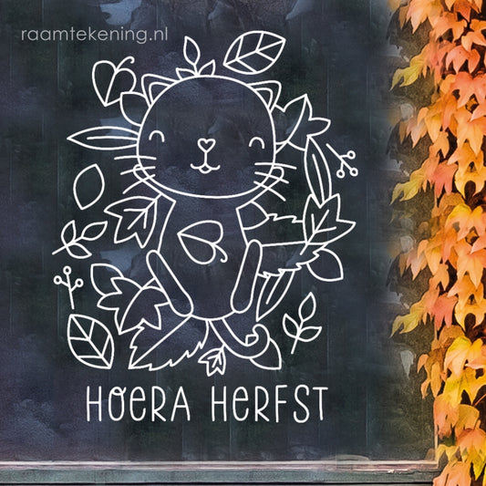 Hoera herfst katje raamtekening