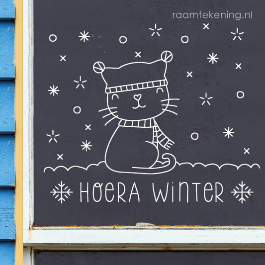 Hoera winter katje raamtekening
