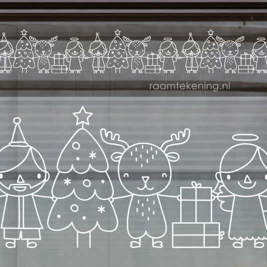 Kerstman, rendier en engel rand raamtekening