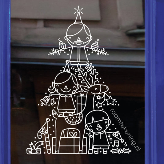 Kerstman, elfjes en rendier kerstboom raamtekening