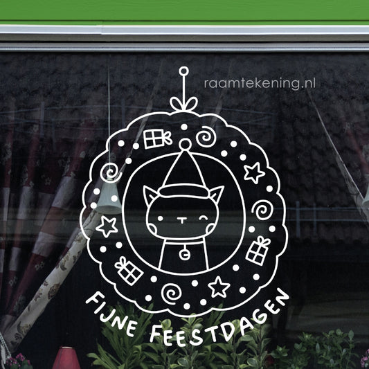 Fijne feestdagen kerstkrans kitten raamtekening