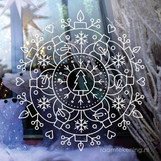 Vrolijke winter mandala sneeuwpop raamtekening