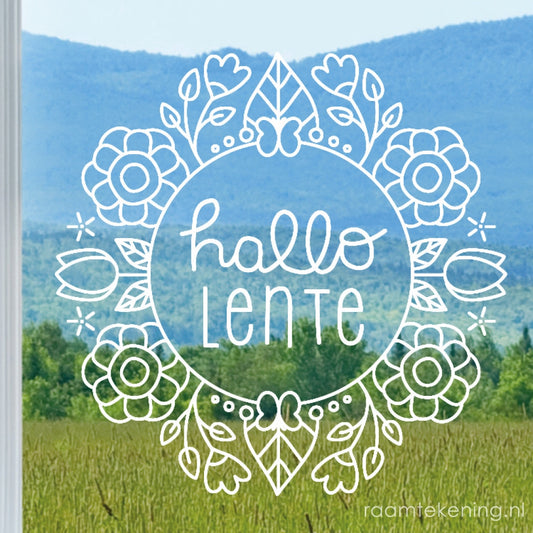 Hallo lente bloemenkrans raamtekening