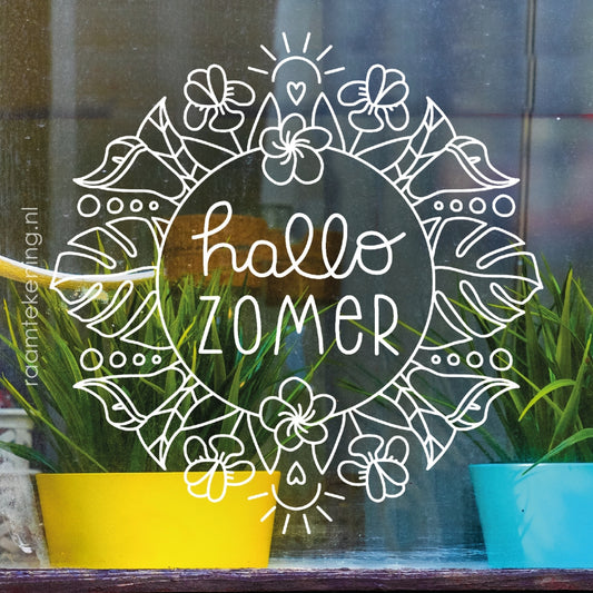 Hallo zomer bloemenkrans raamtekening
