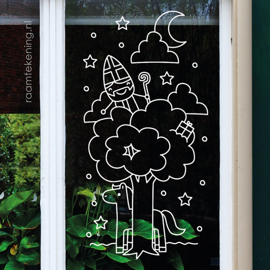 Sinterklaas boom en maneschijn raamtekening