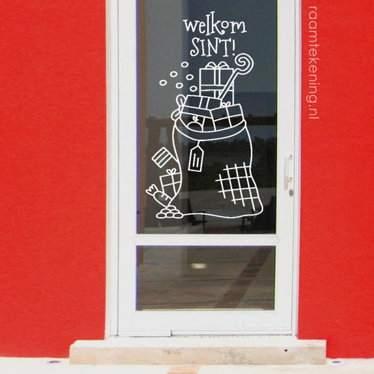 Welkom sint zak kadootjes raamtekening