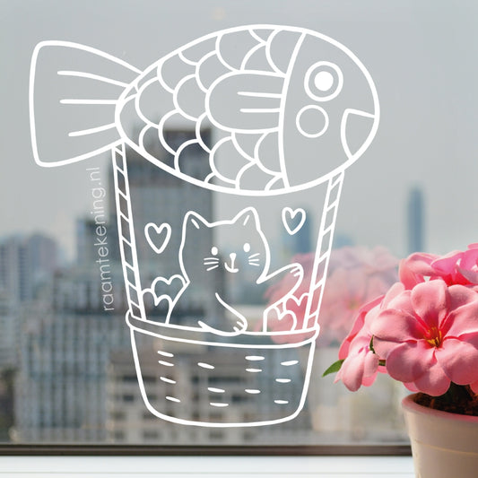 Kat in vis-luchtballon raamtekening
