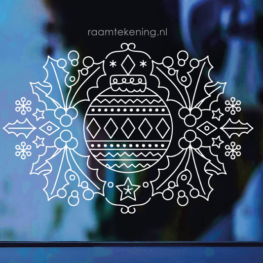 Decoratieve kerstbal en hulst raamtekening