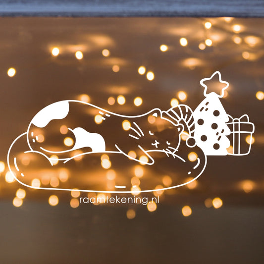 Slapend kerst katje raamtekening