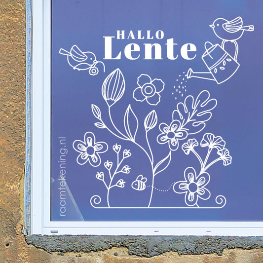 Hallo lente vogeltjes en bloemen raamtekening