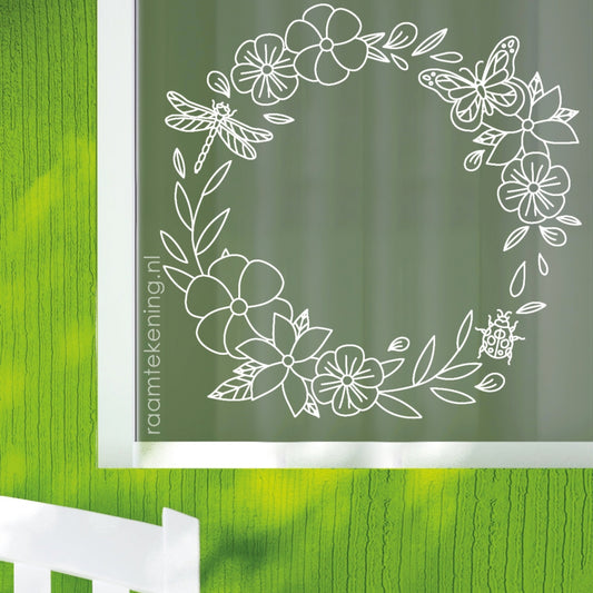 Lente bloemenkrans vlinder raamtekening
