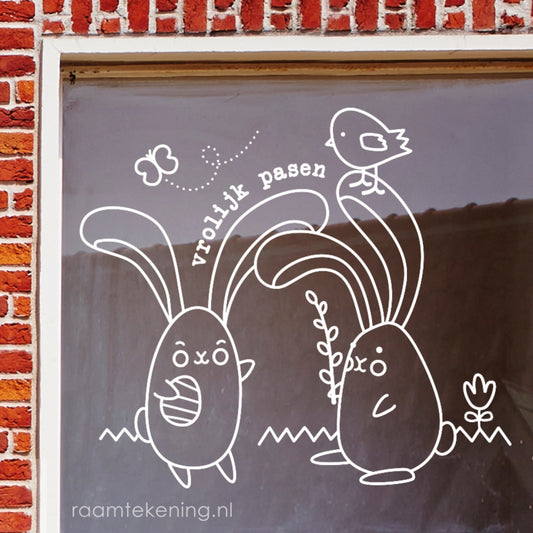 Vrolijk pasen konijntjes raamtekening