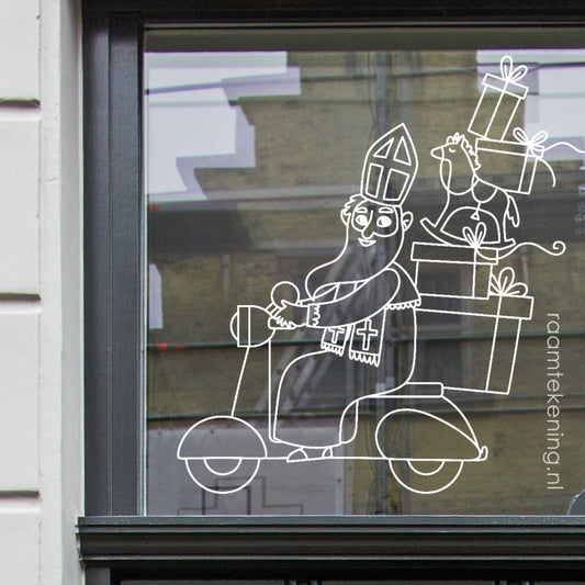 Sinterklaas op de scooter met kadootjes raamtekening