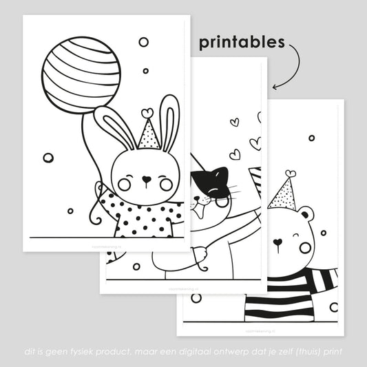 Verjaardag beestjes met ballonnen raamtekening