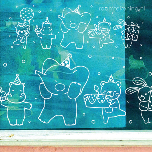 Dansende verjaardag beestjes raamtekening