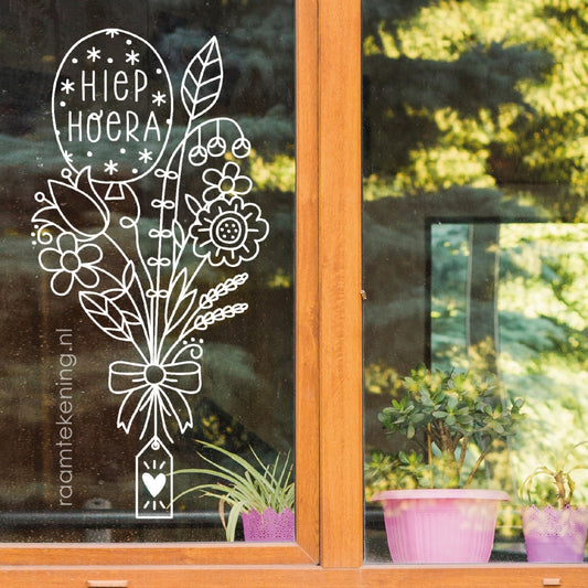 Ballon bloemen boeket verjaardag raamtekening