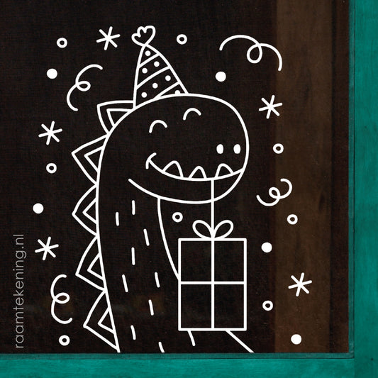 Dino verjaardag feest raamtekening