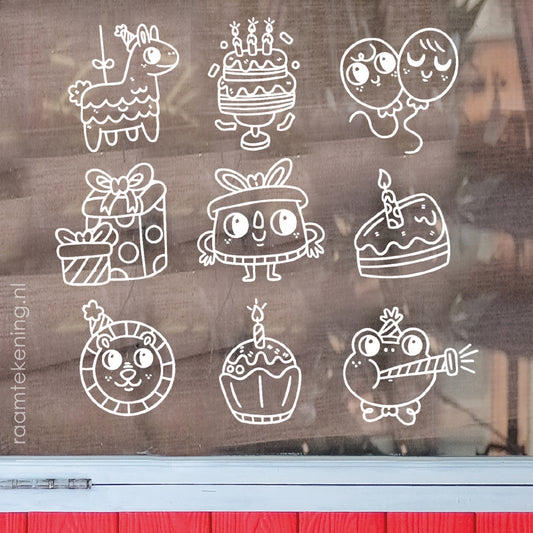 Verjaardag doodles piñata raamtekening