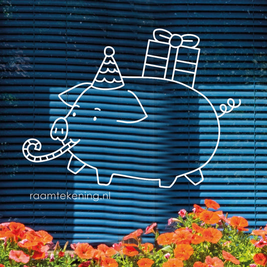 Feestvarken verjaardag raamtekening