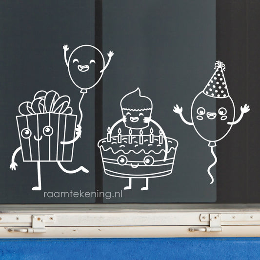 Kadootjes en taart verjaardag raamtekening