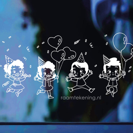 Kinderen verjaardagsfeest raamtekening