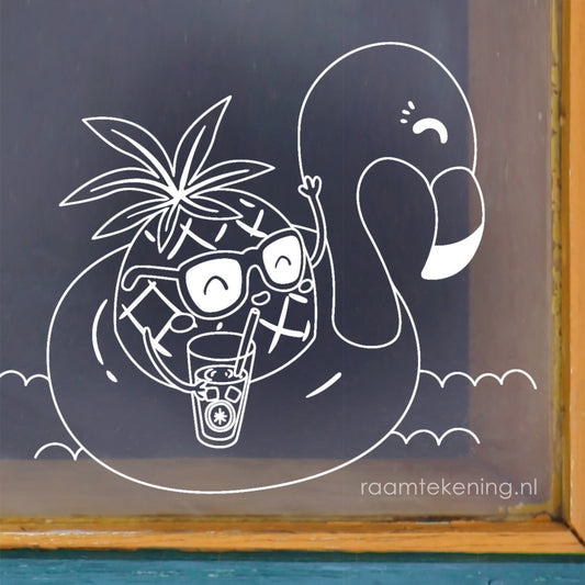 Ananas + flamingo zomer raamtekening