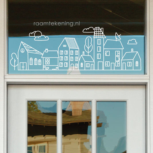 Huisjes met wolken raamtekening