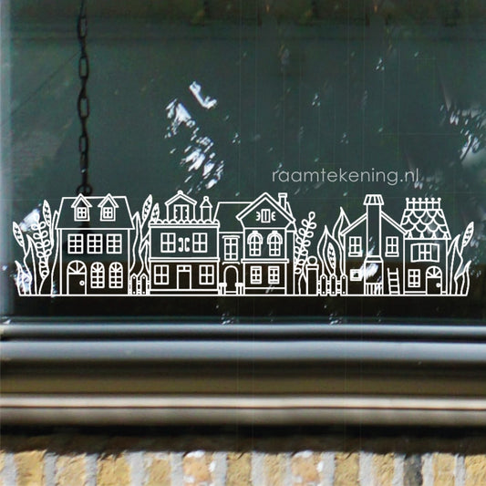 Huisjes met planten raamtekening