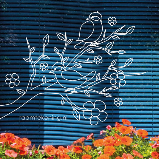 Vogeltjes met bloesem raamtekening