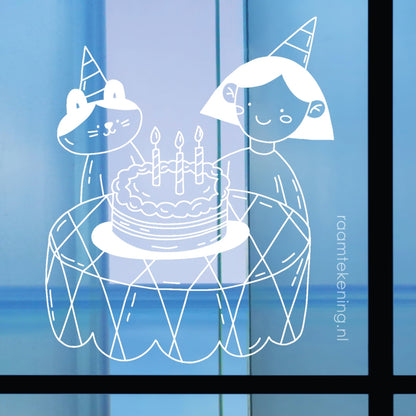 Kat taart verjaardagsfeestje raamtekening