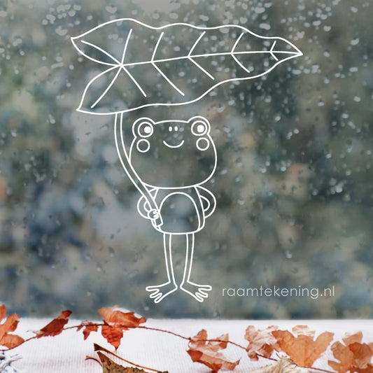 Kikker met blad-paraplu raamtekening