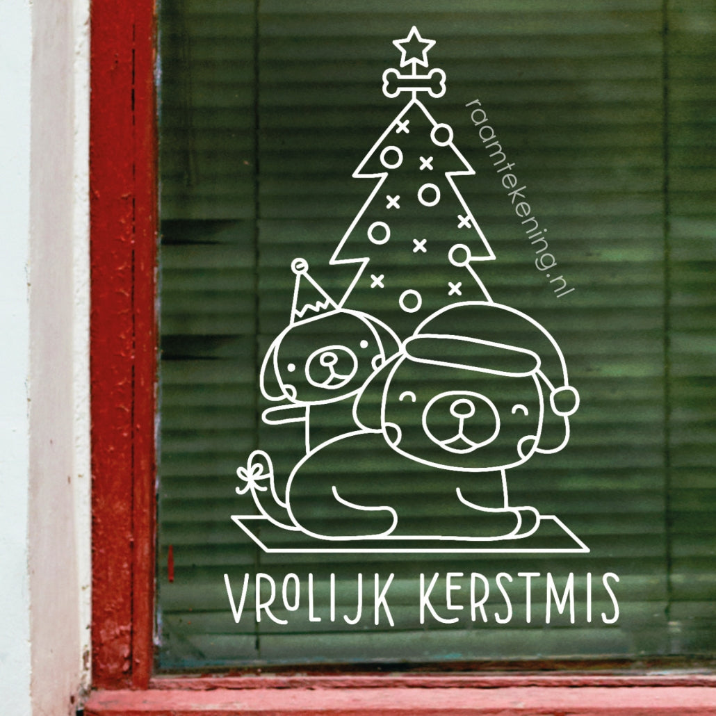 Vrolijk kerstmis hondje raamtekening