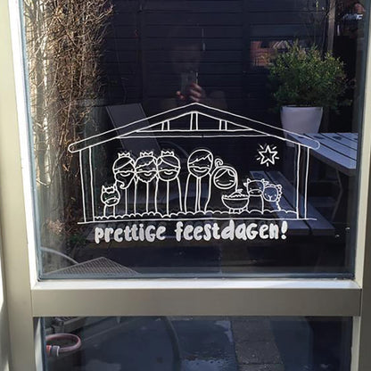 Prettige feestdagen kerststal raamtekening