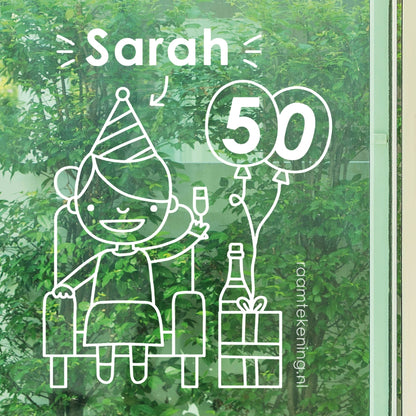 Sarah/Abraham 50 jaar stoel verjaardag raamtekening