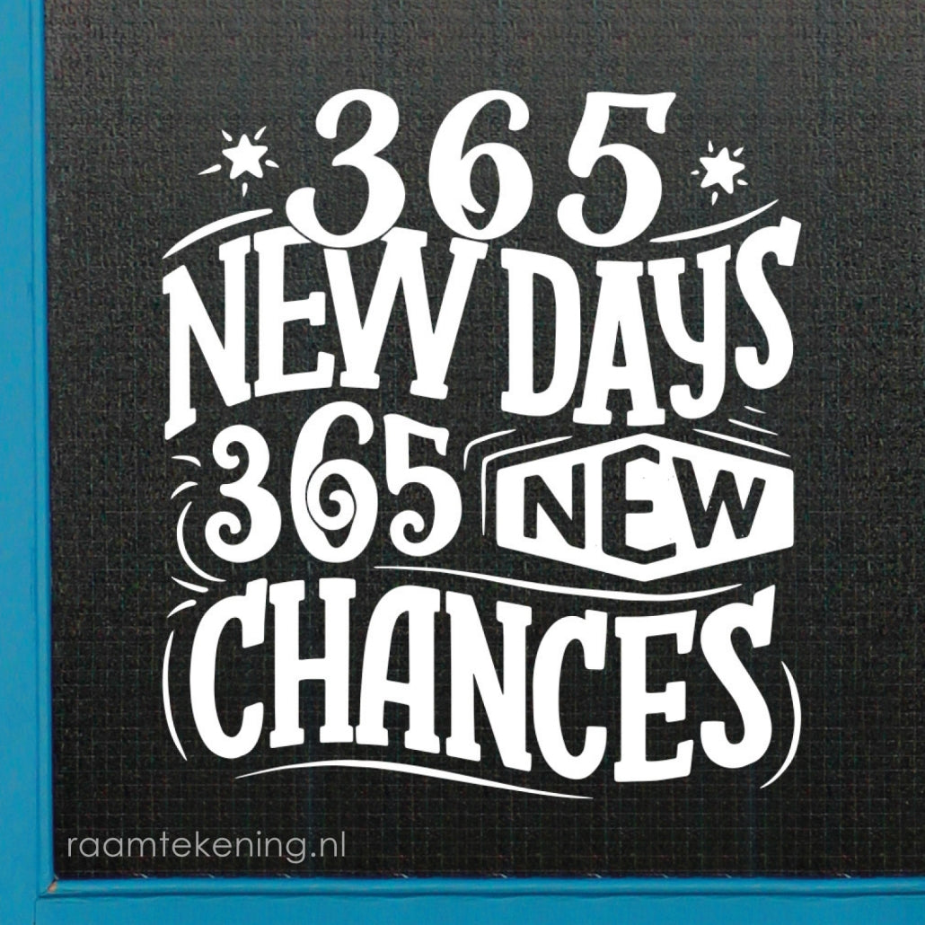 365 days oud + nieuwjaar quote raamtekening