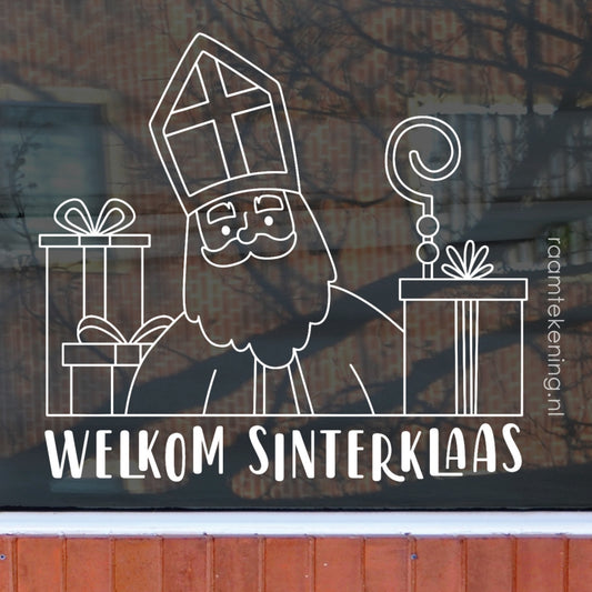 Welkom Sinterklaas en kadootjes raamtekening