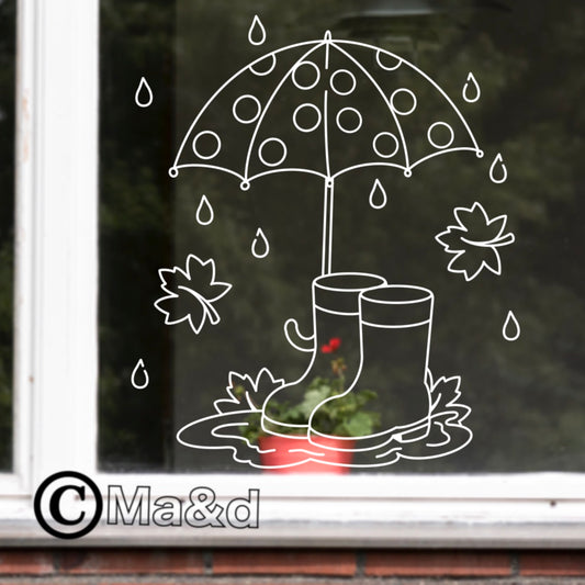 Laarzen in de regen raamtekening