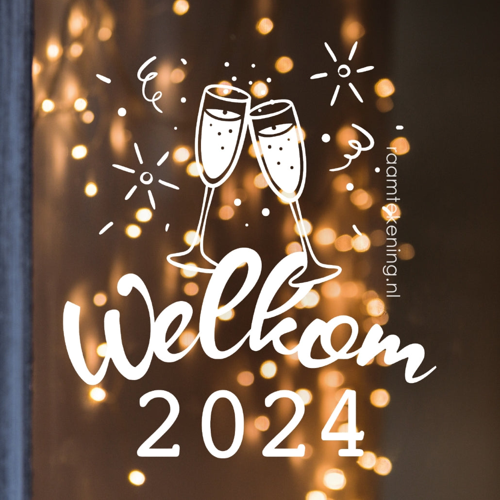 Welkom 2024 champagne oud + nieuwjaar raamtekening